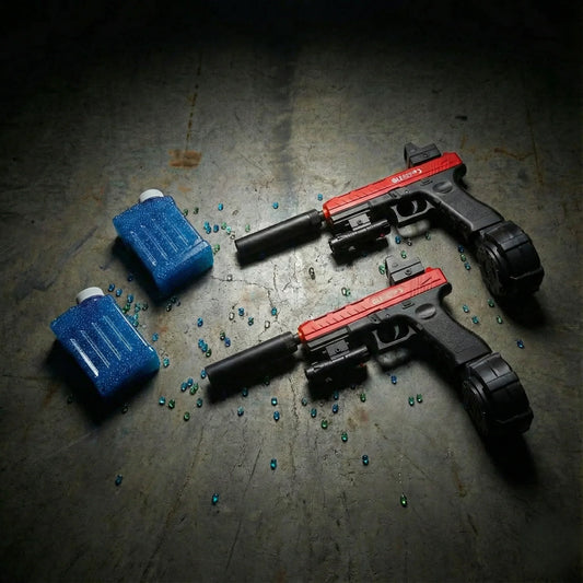 Výhodný balíček od gelshot.cz obsahuje 2× Gelshot Glock 17 pistolky a 2× lahvičky nábojů-ideální set pro dva hráče!.