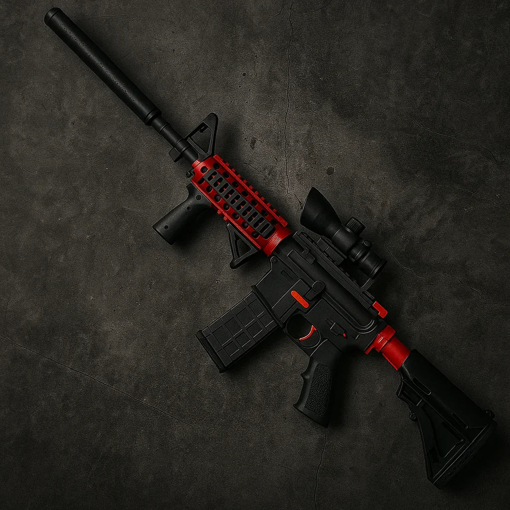 Pistole Gelshot M4A1 na gelové kuličky od gelshot.cz se zaměřovačem a tlumičem leží na tmavém texturovaném povrchu.